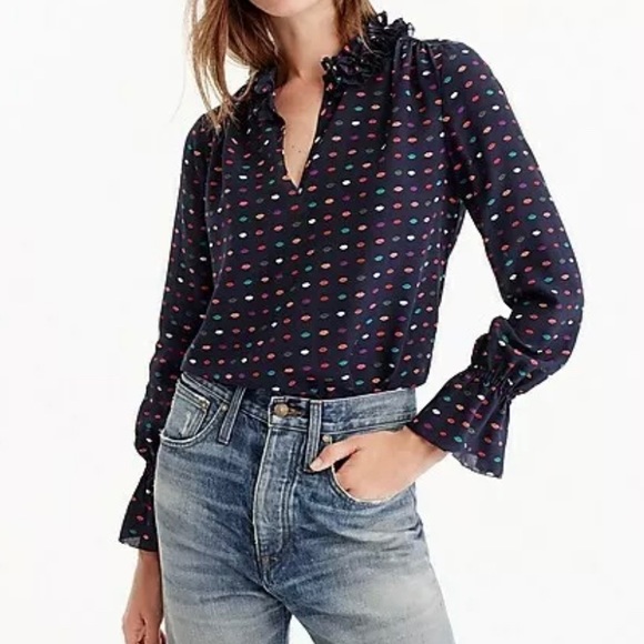 J Crew Tops J Crew Lips Print Silk Blouse Navy Poshmark